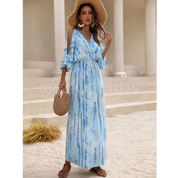 Tie Dye Blue White Maxi Dress Leg Slit Shoulder Slit Cut Out V-Neck - Picture 6 of 9